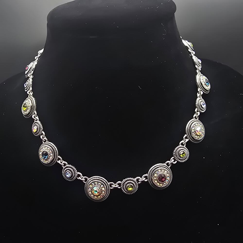 Lia Sophia Colorful Rhinestone Medallion Link Necklace Retired Silver Tone